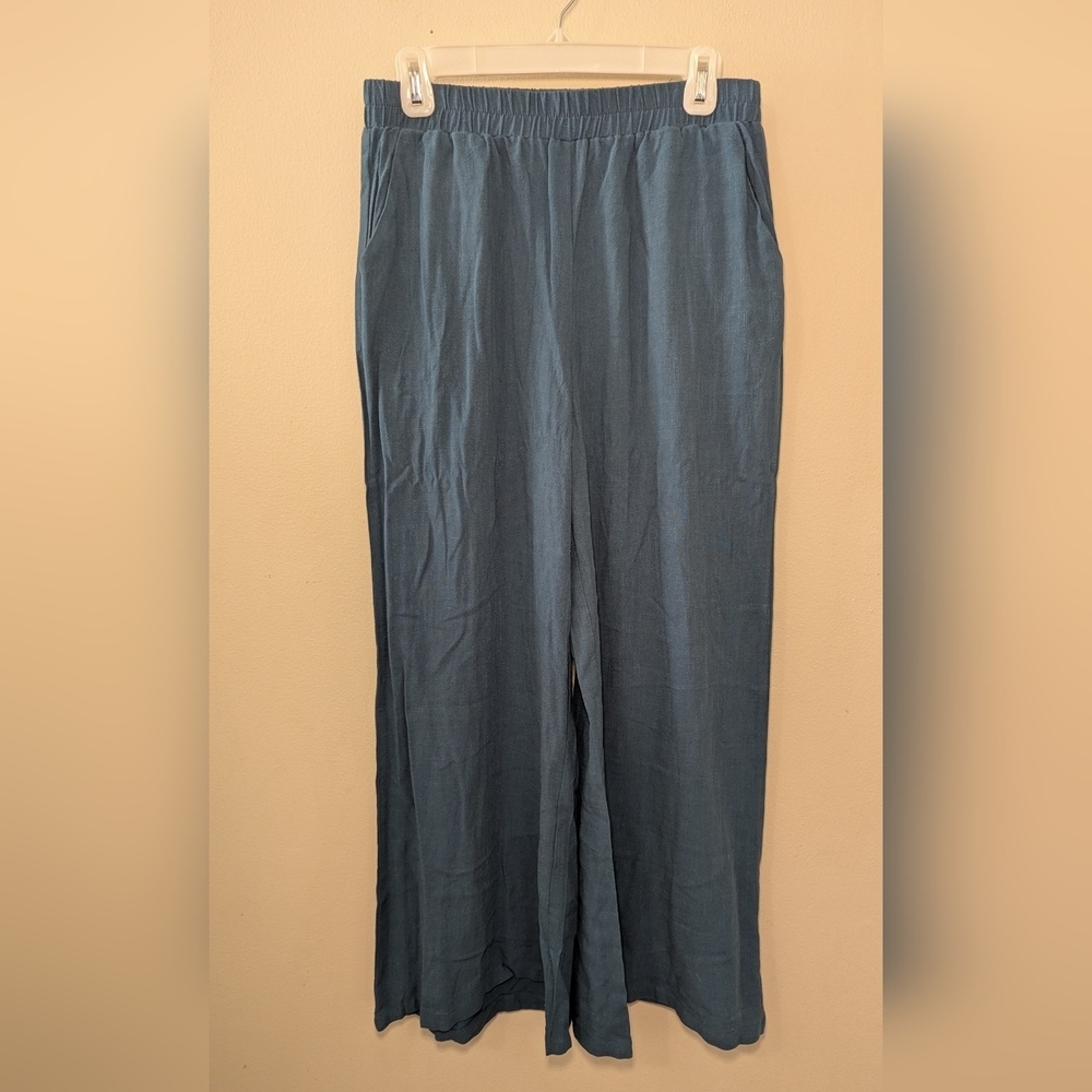 Blue Wide Leg Pants Linen-Blend Elastic Waistband Women's Size M
